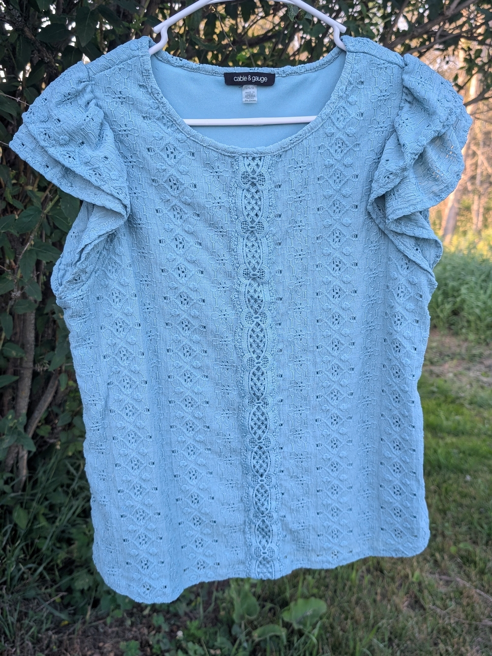 Cable & Gauge Light Blue Eyelet Ruffle Sleeve Blouse